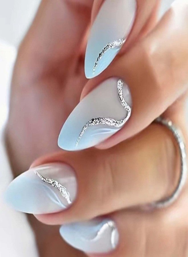 YoYoee Short Almond Press on Nails Glitter False Nails Gradient Nails Tips Full Cover Swirl Fake Nails for Women and Girls 24PCS - Image 1